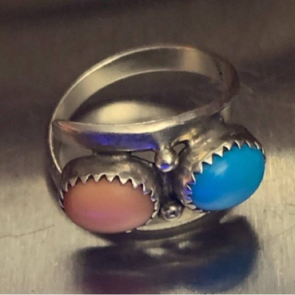 Vintage Native American Turquoise & Spiny Oyster Bypass Ring Signed